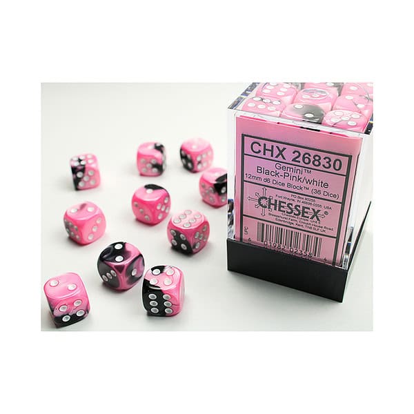 Chessex D6 set of 36: Gemini Black & Pink (12mm)