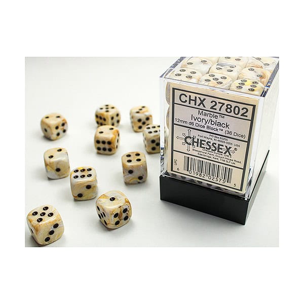 Chessex D6 set of 36: Marble Ivory with black (12mm)