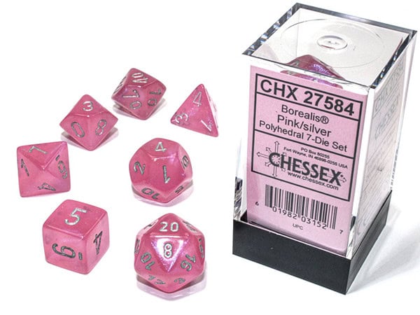 Chessex Poly Borealis Dice set - Luminary Light Pink & Silver