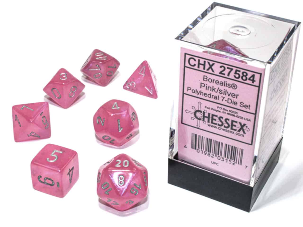 Chessex Poly Borealis Dice set - Luminary Light Pink & Silver