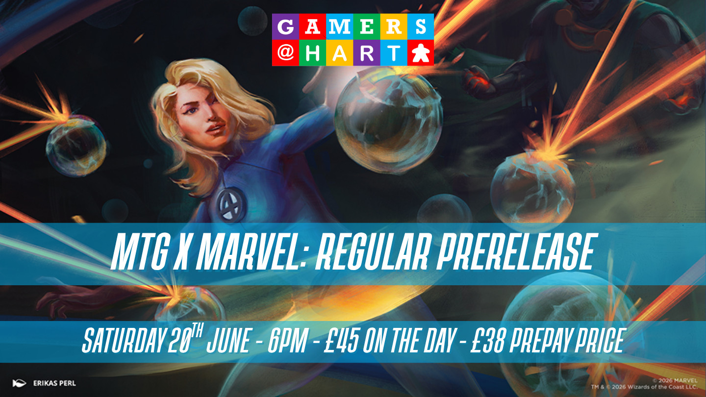 A graphic of a character from marvel with the text "MTG X Marvel - Regular Prerelease. Saturday 20th June - 6:30pm - £45 on the day - £38 prepay price"